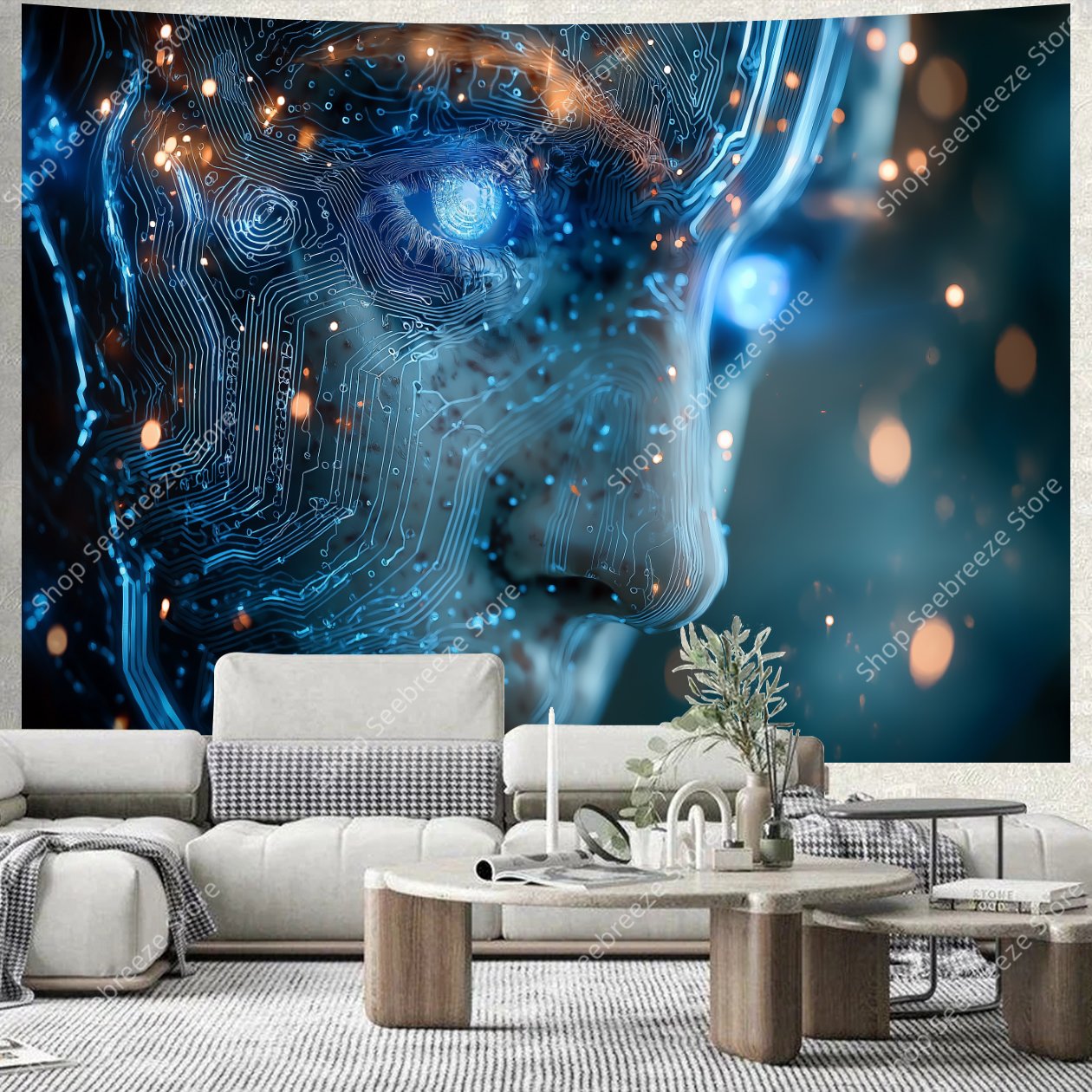 Office Tech Room - Cyberpunk Circuit Board Tapestry Blue Orange